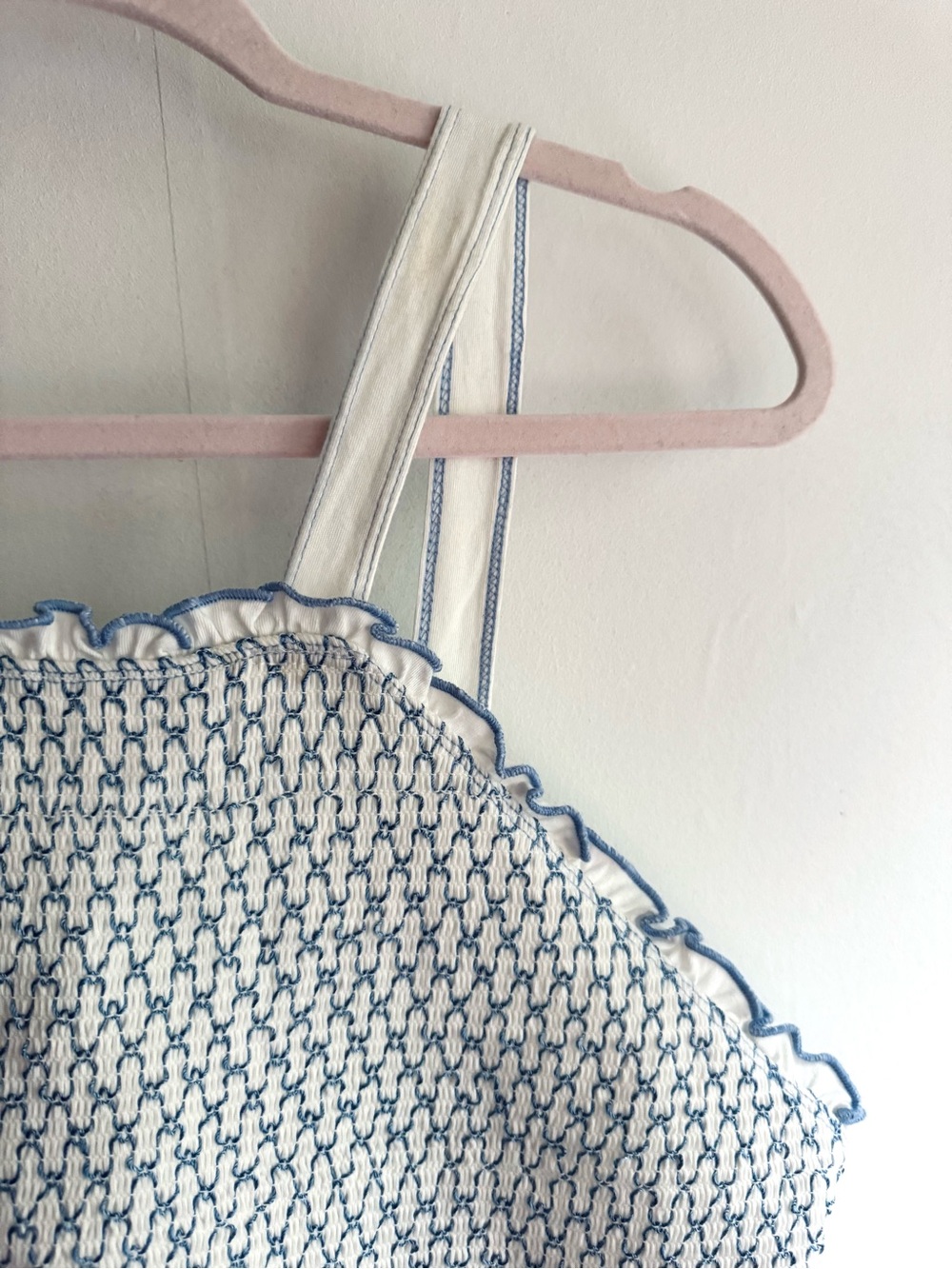 Anthropologie Smocked White and Blue Cropped Tank Top - Picture 3 of 8